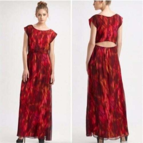 ALICE OLIVIA OPEN BACK LINED EUC RED PRINT MAXI DRESS SHEER SILK SIZE SMALL - Picture 1 of 12
